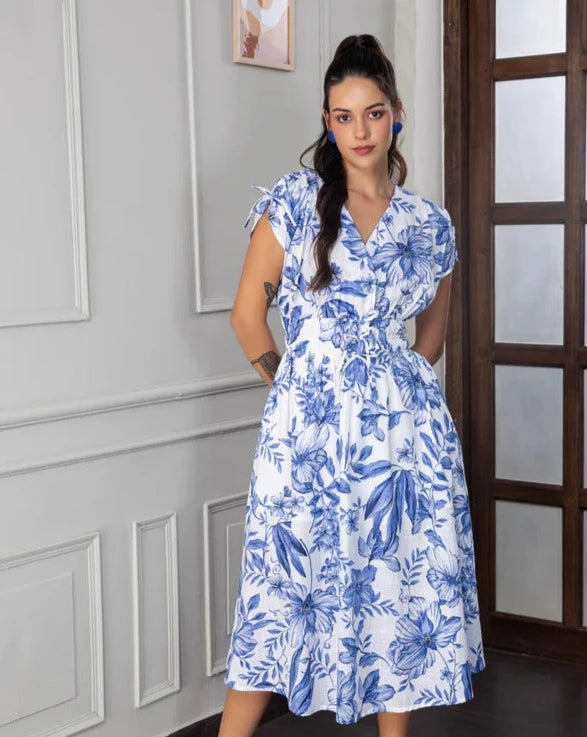 Chic Blue Pastel Midi Dress Stylish Modern Showshaa