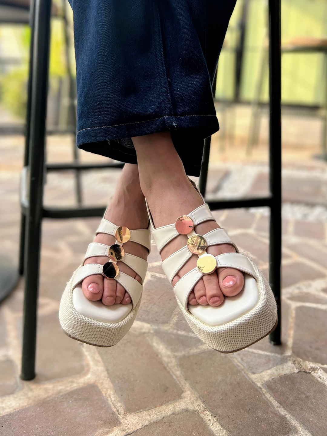 Studded Wedge Sandal White