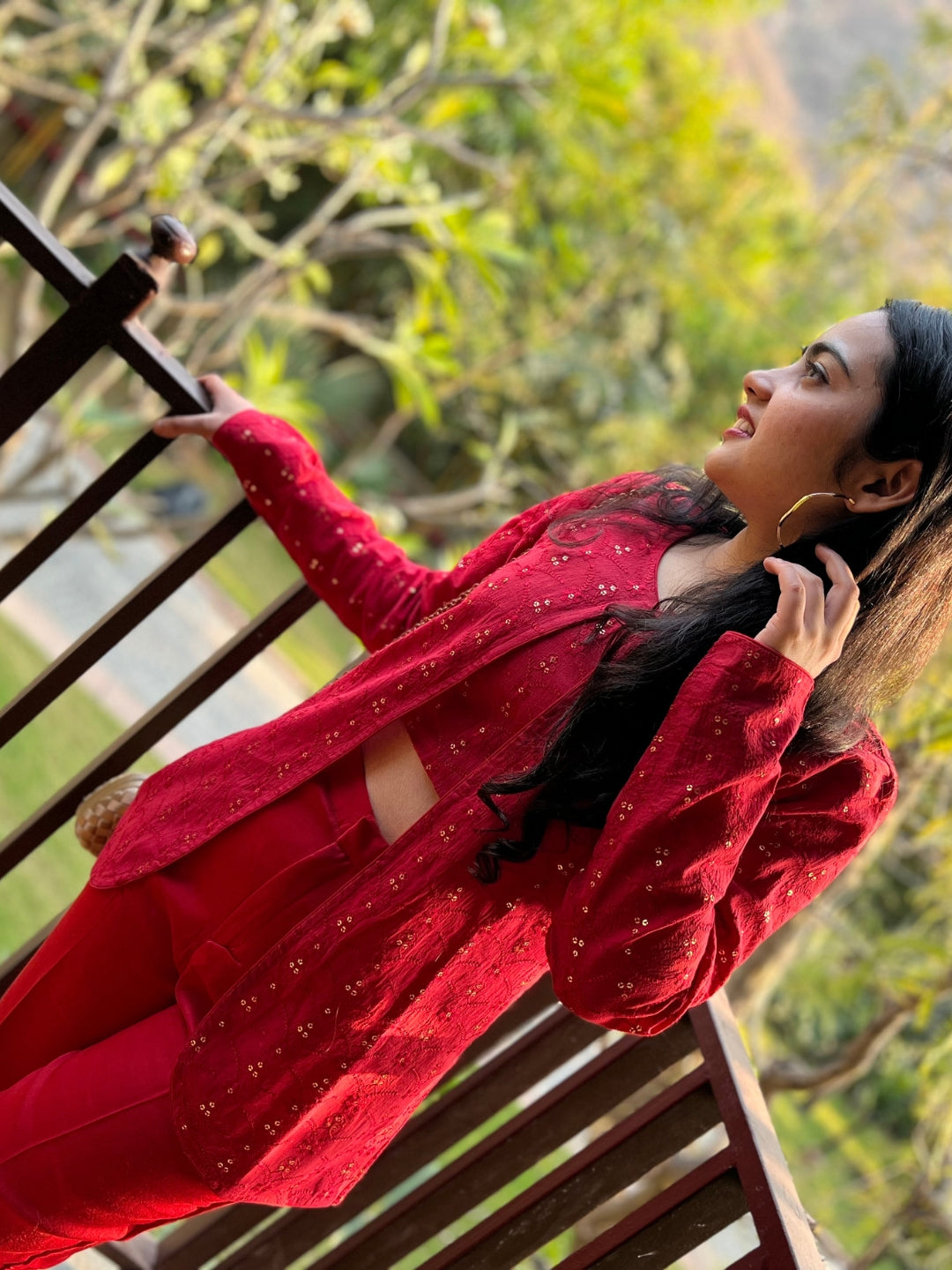 Red Open Shirt With Crop Top Co-ord Set