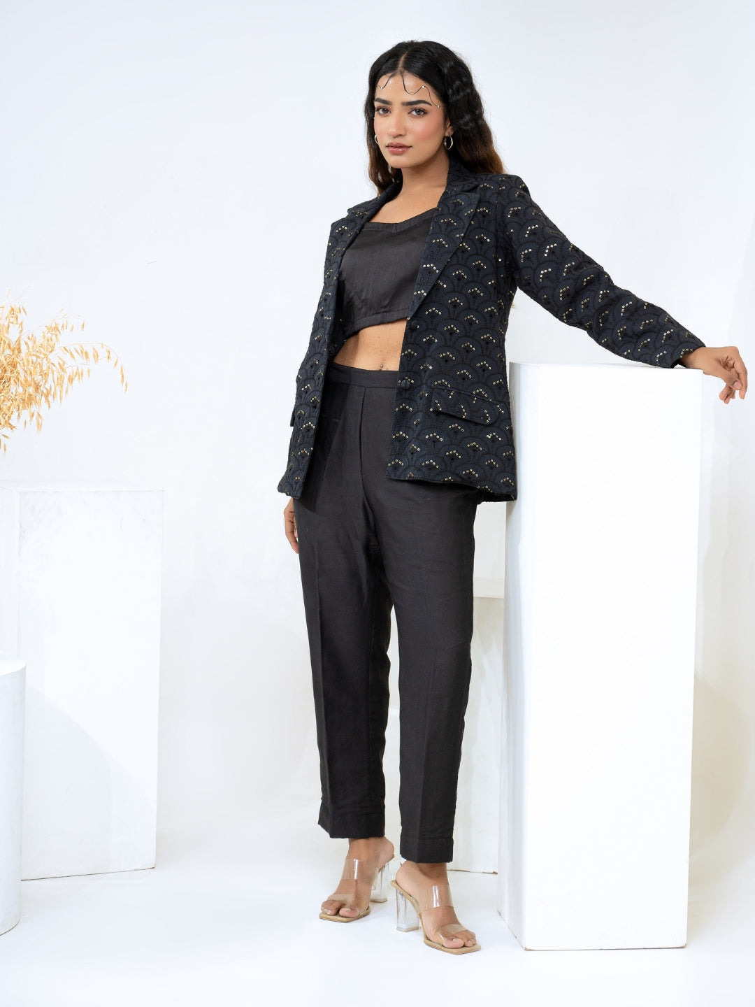 Cotton Shiffli Black Blazer With Modale Satin Pant & Inner Co-Ord Set