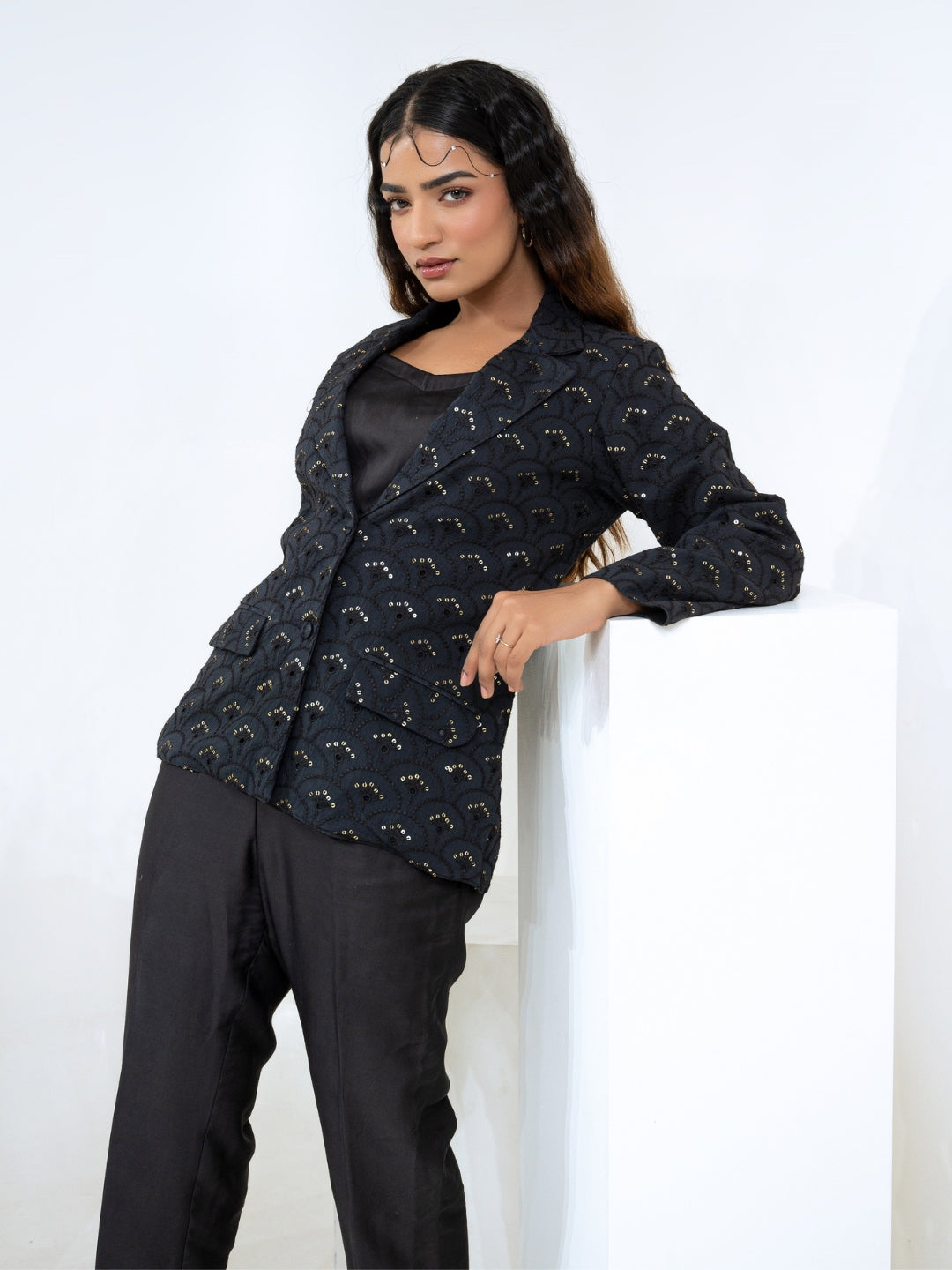 Cotton Shiffli Black Blazer With Modale Satin Pant & Inner Co-Ord Set
