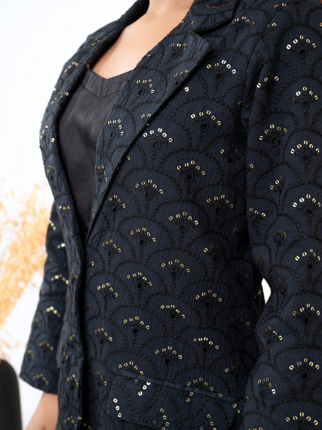 Cotton Shiffli Black Blazer With Modale Satin Pant & Inner Co-Ord Set