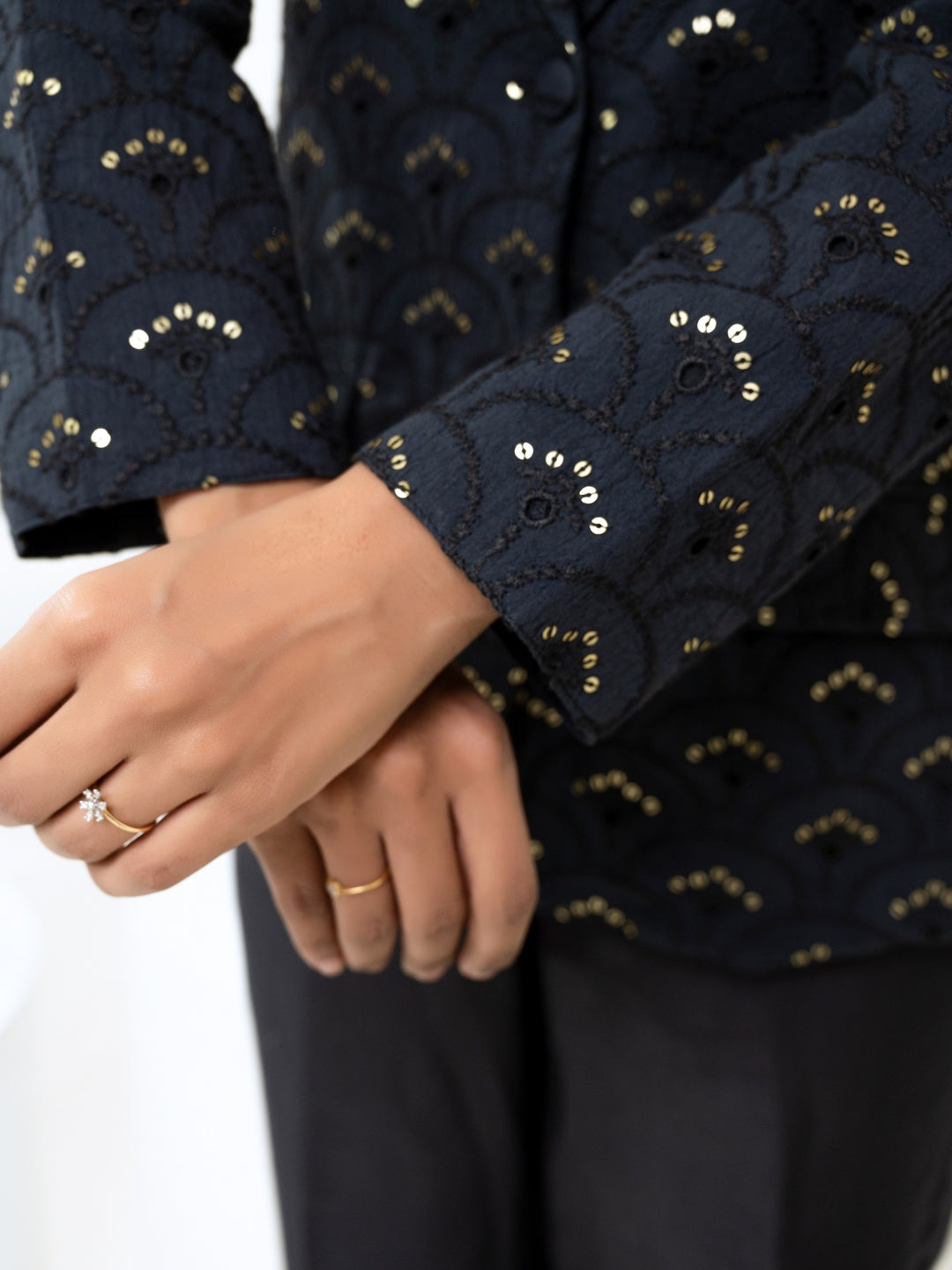 Cotton Shiffli Black Blazer With Modale Satin Pant & Inner Co-Ord Set