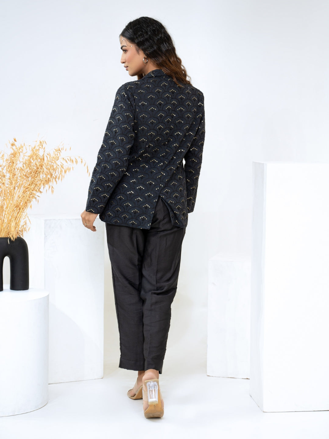 Cotton Shiffli Black Blazer With Modale Satin Pant & Inner Co-Ord Set