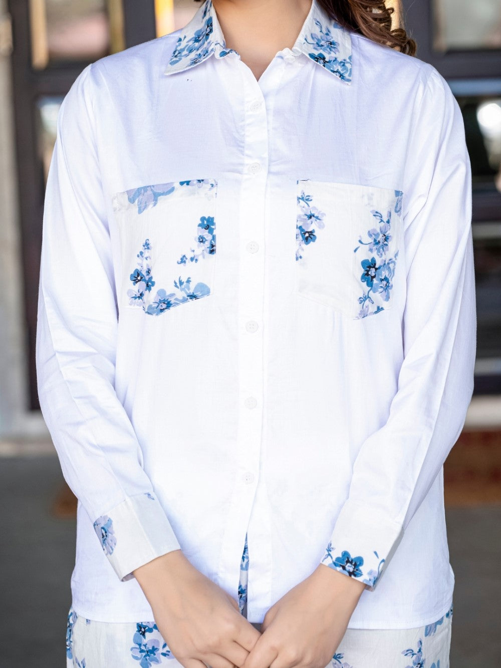 White Pure Cotton Flower Detailing Co-Ord Set