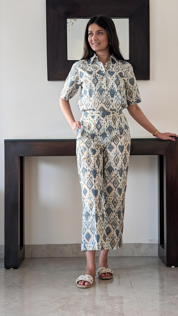 Cream Cotton Ikat Top and Pant Set