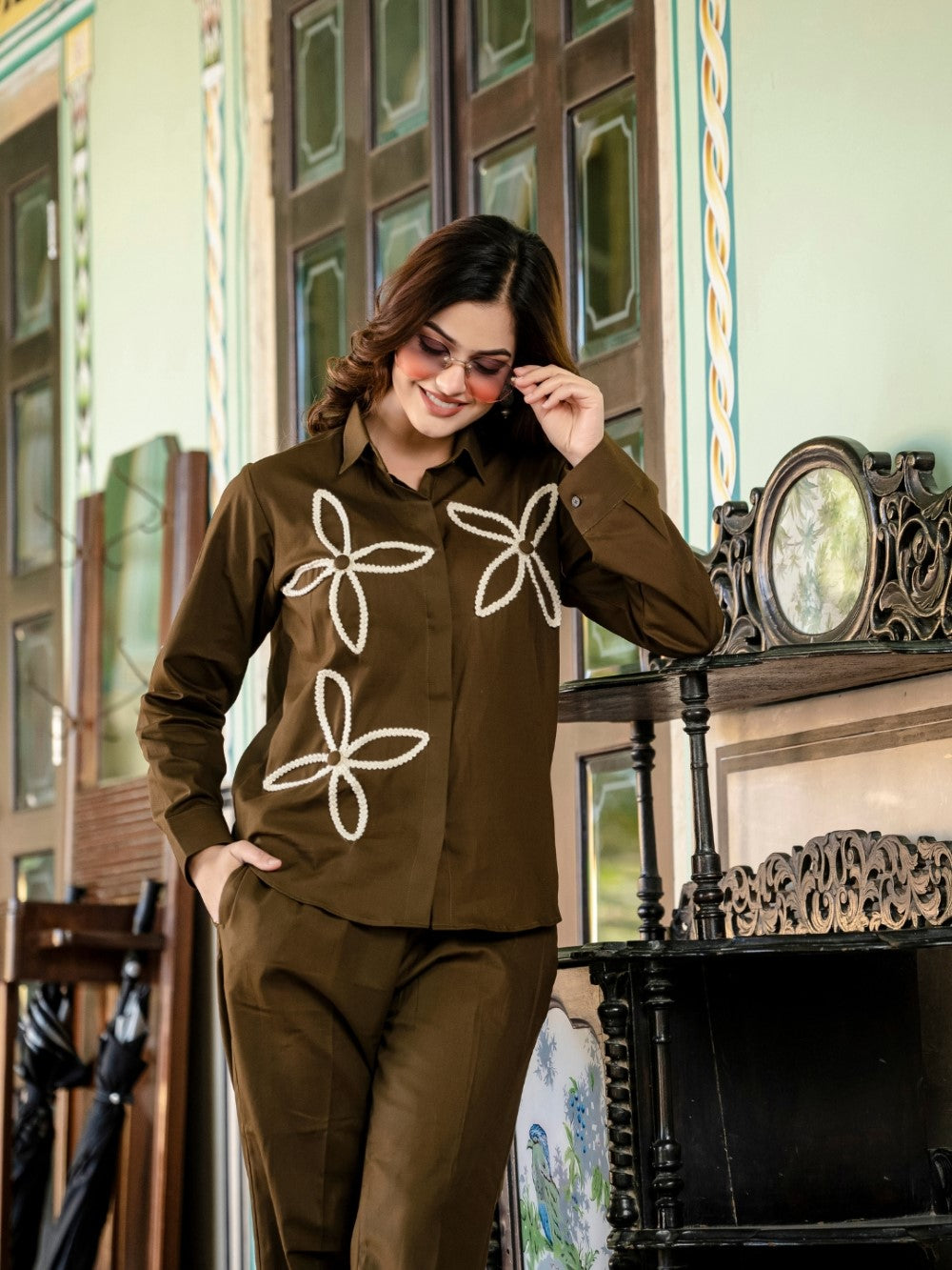 Brown Cotton Co-Ord Set With Lace Detailing Co-Ord Set