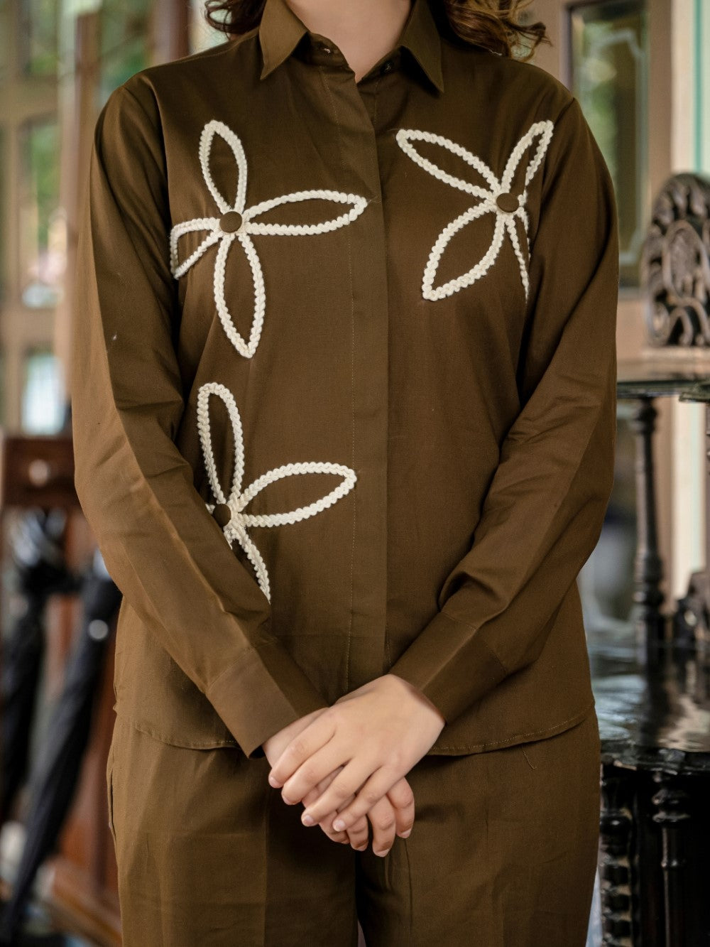 Brown Cotton Co-Ord Set With Lace Detailing Co-Ord Set