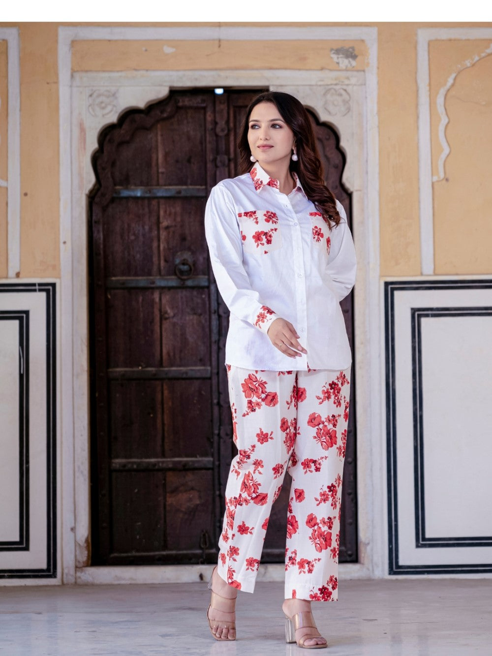 White Pure Cotton Red Flower Detailing Co-Ord Set
