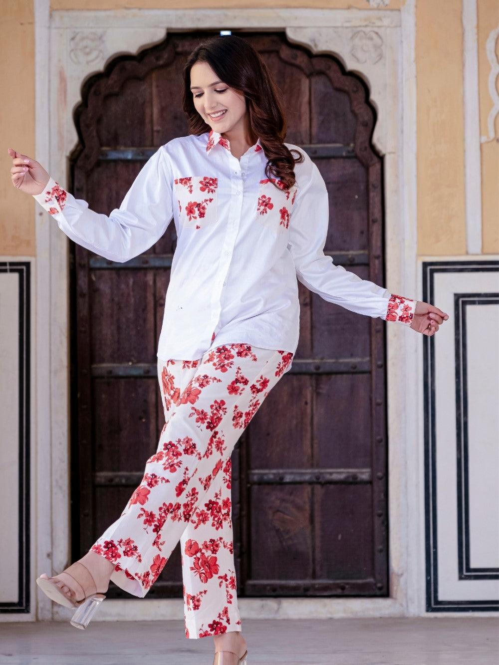 White Pure Cotton Red Flower Detailing Co-Ord Set