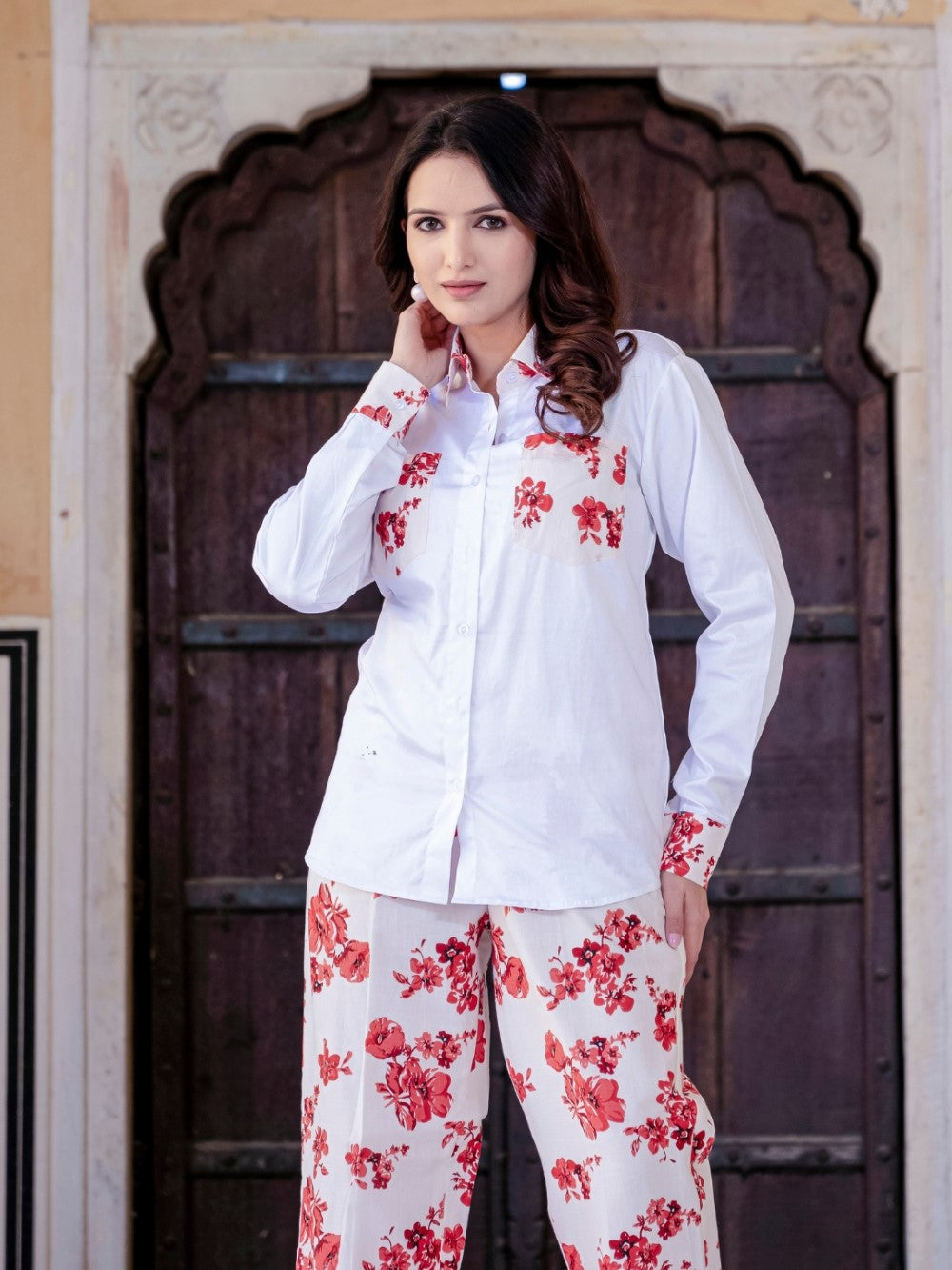 White Pure Cotton Red Flower Detailing Co-Ord Set