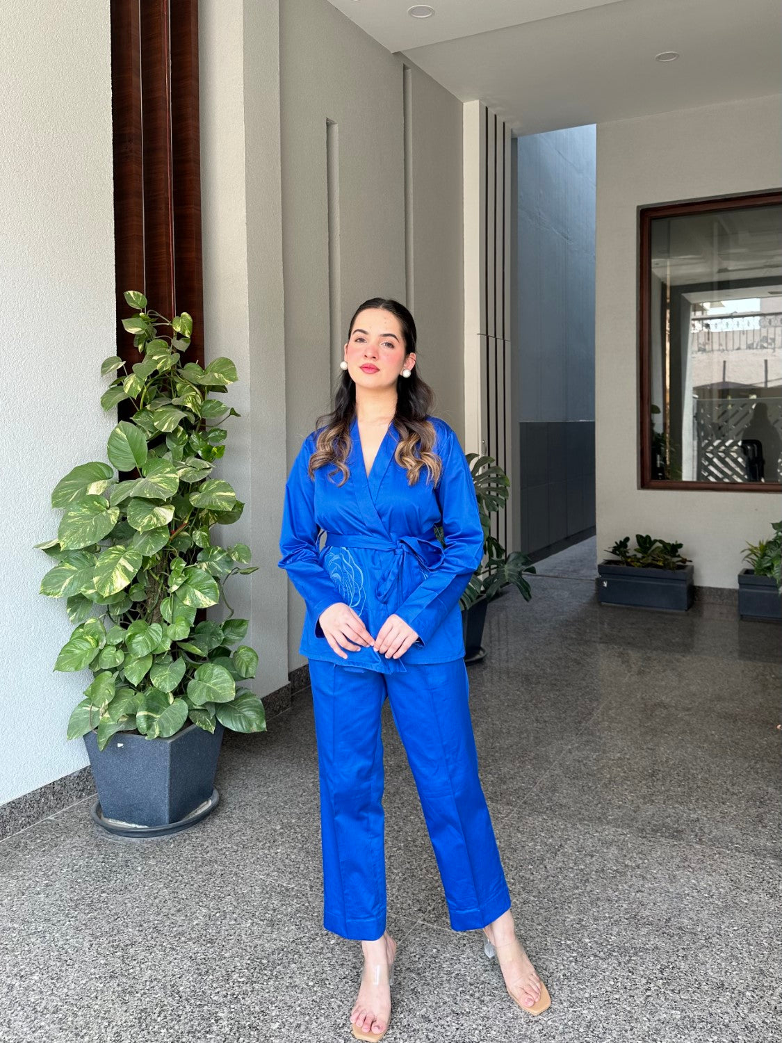 Royal Blue Italian Cotton Blazer Co-ord Set With Embroidery