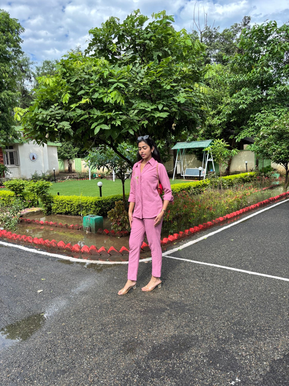 Italian Crepe Pink Palm Tree Co-Ord Set