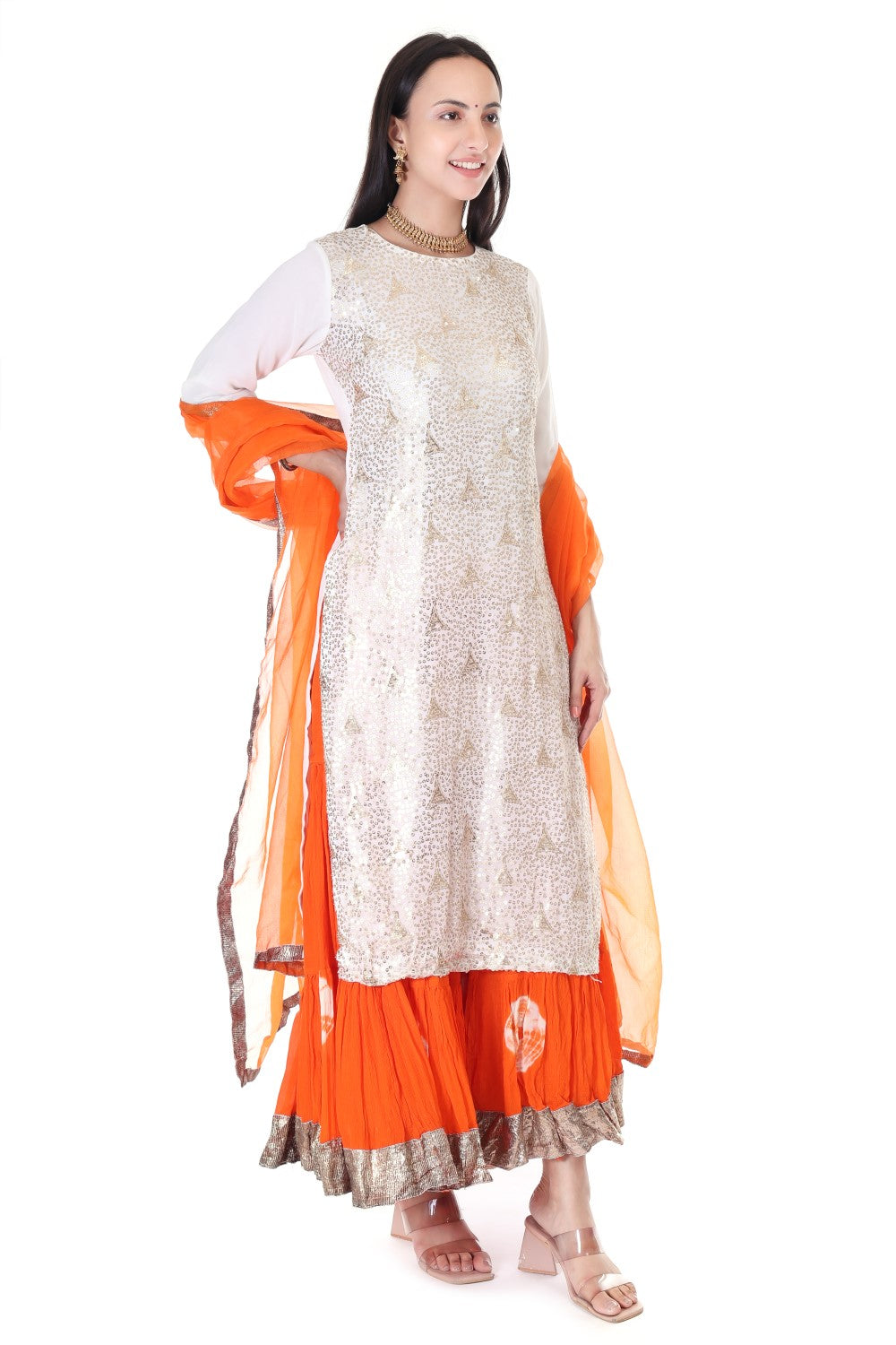 Chinnon shibori sharara with embroided kurta and orgenzza dupatta