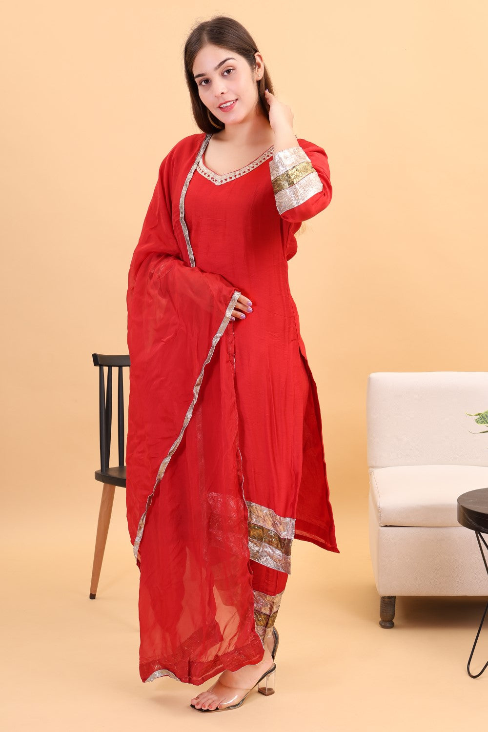 Chanderi silk kurta set with gota work and dupatta