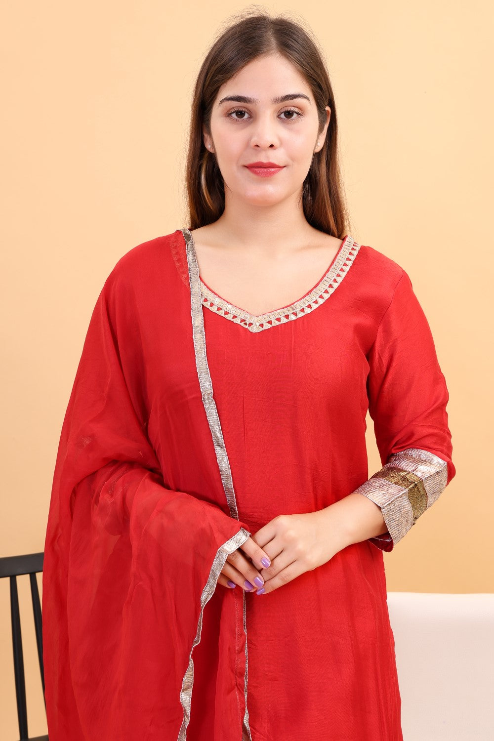 Chanderi silk kurta set with gota work and dupatta