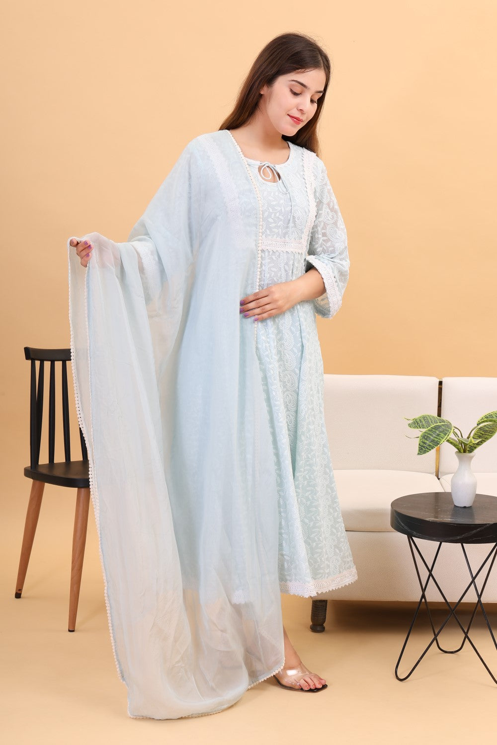 Georgette chicken kari anarkali kurta set with dupatta