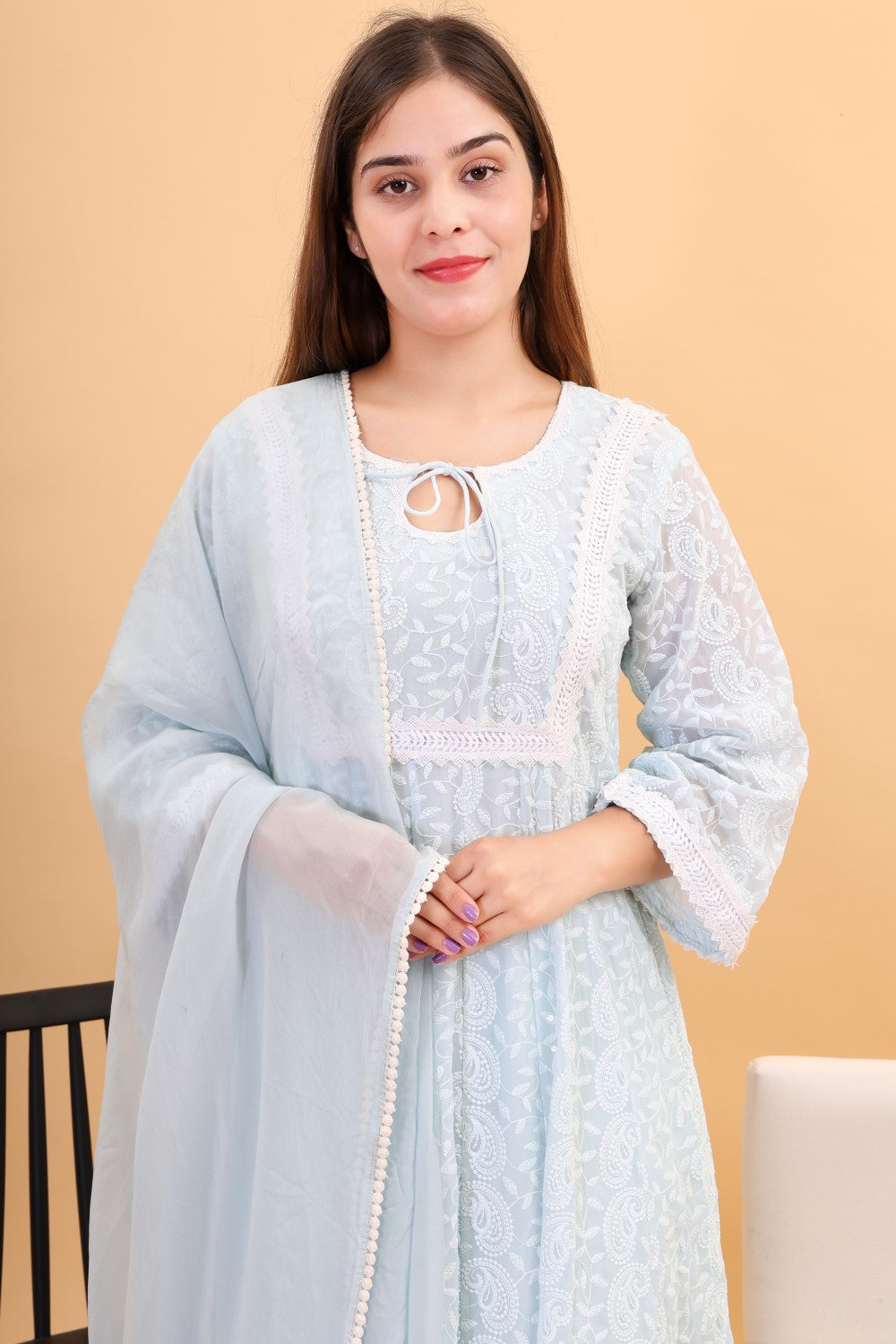 Georgette chicken kari anarkali kurta set with dupatta