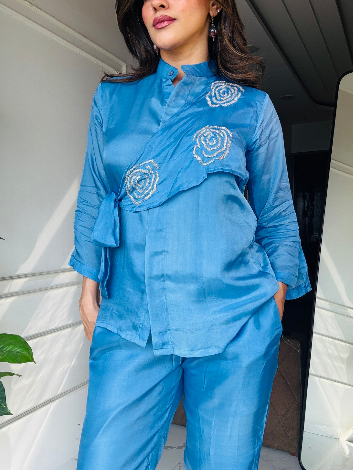 Blue Summer Silk Co-ord Set With Cutwork Detailing