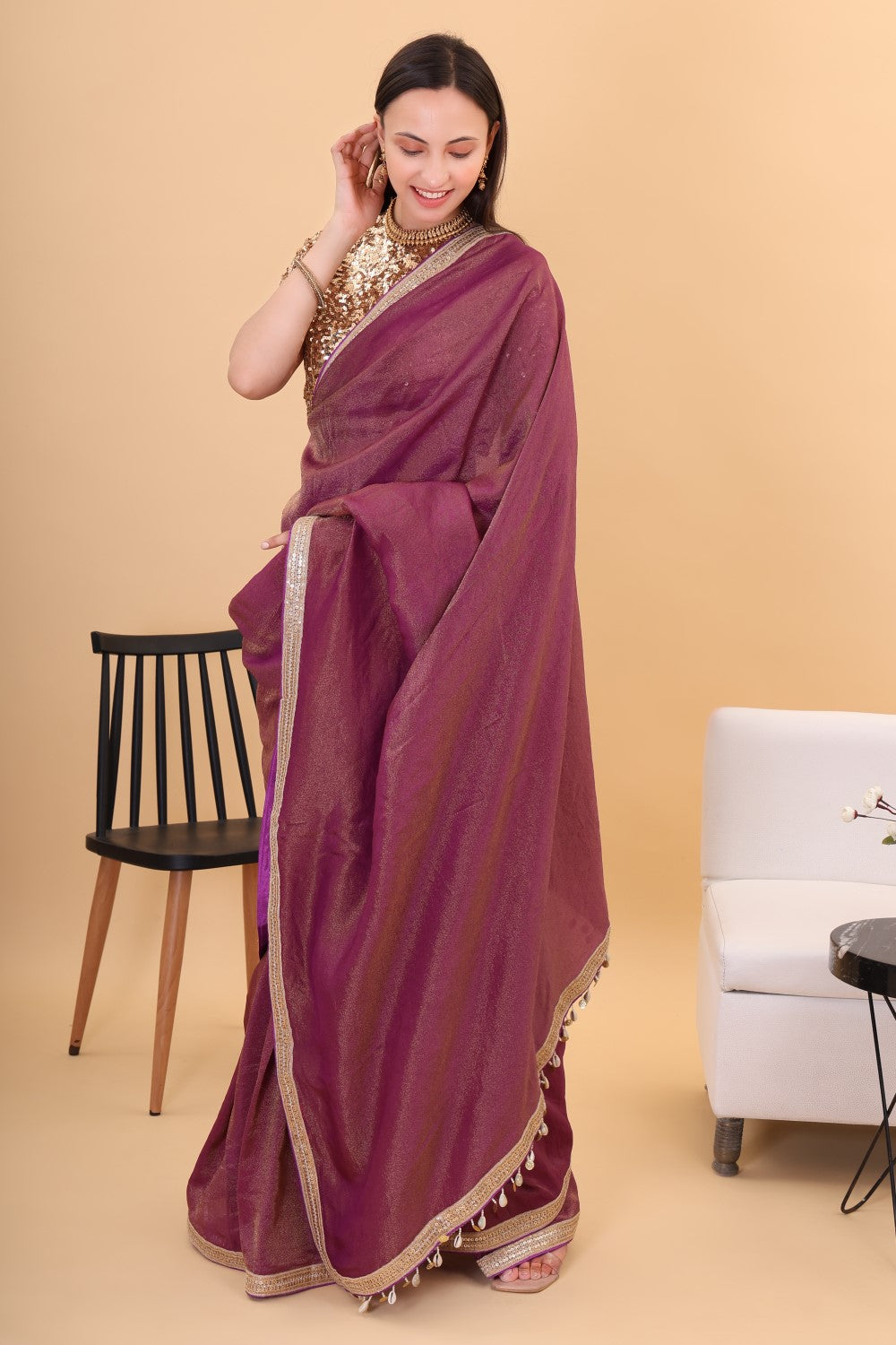 Wine Tissue silk saree with embroidery blouse