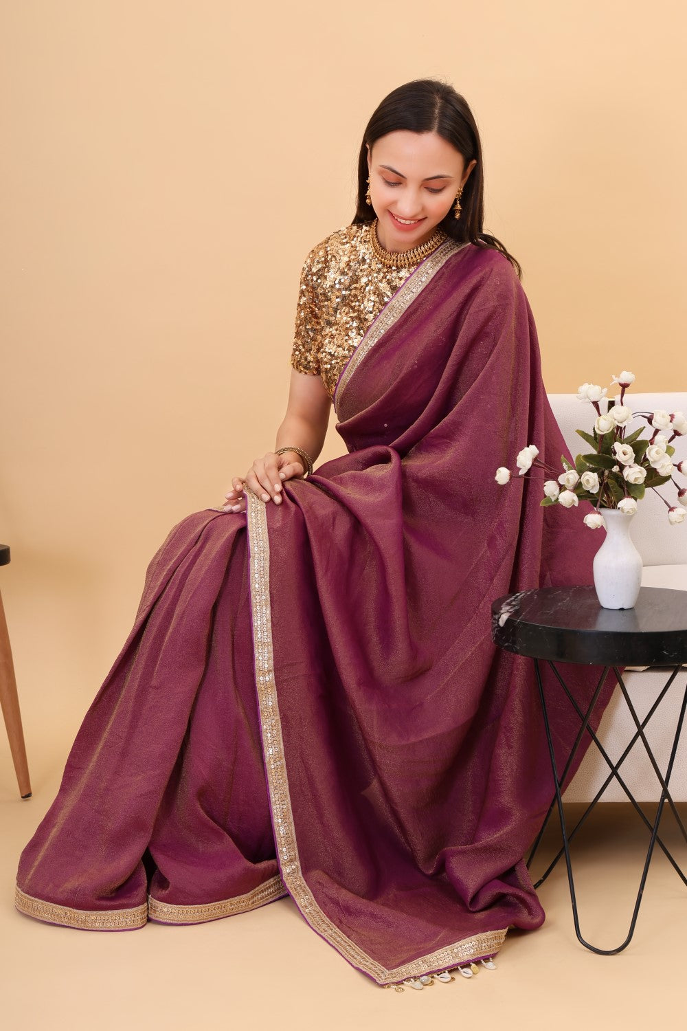 Wine Tissue silk saree with embroidery blouse