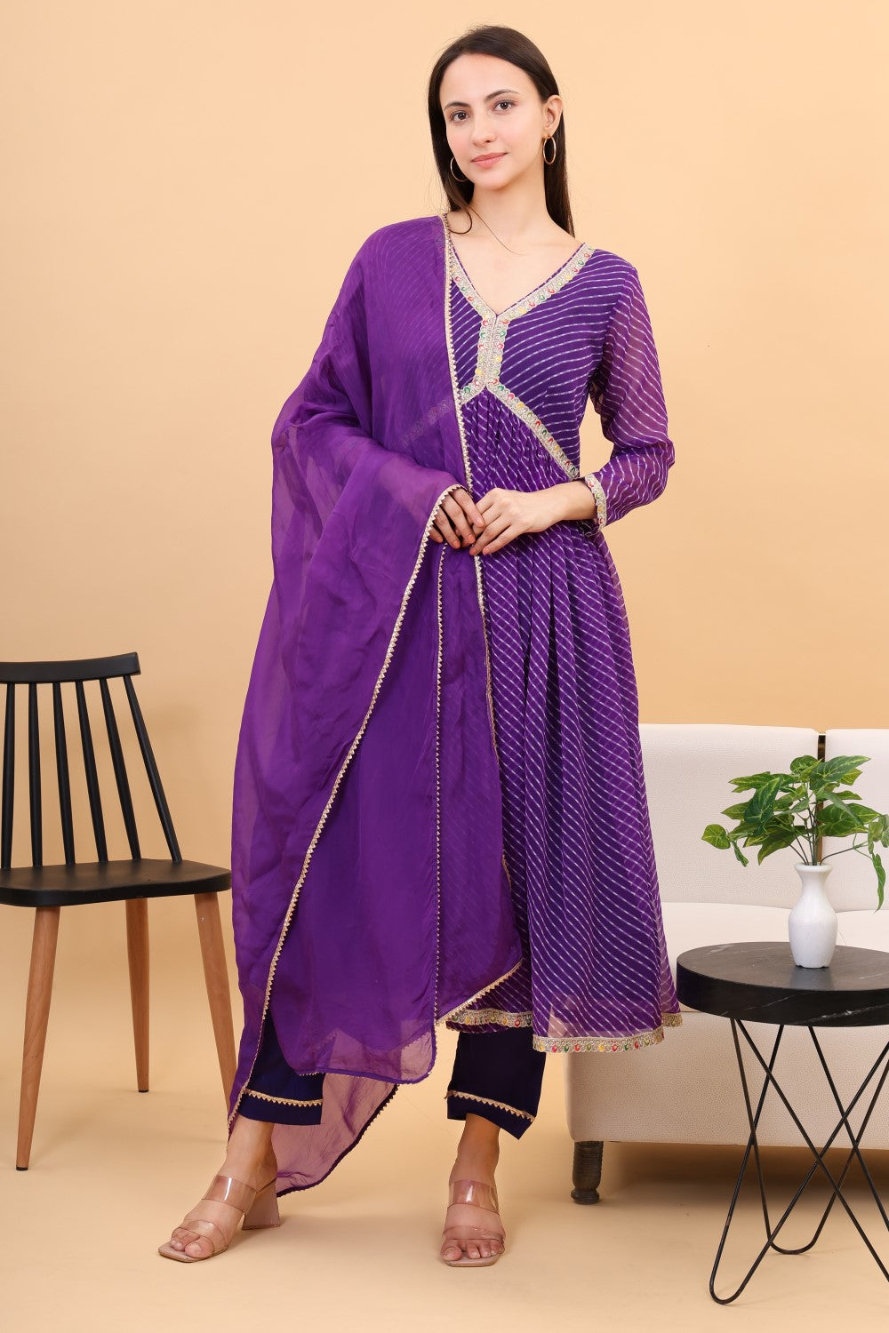 Georgette lehria anarkali set with organza dupatta