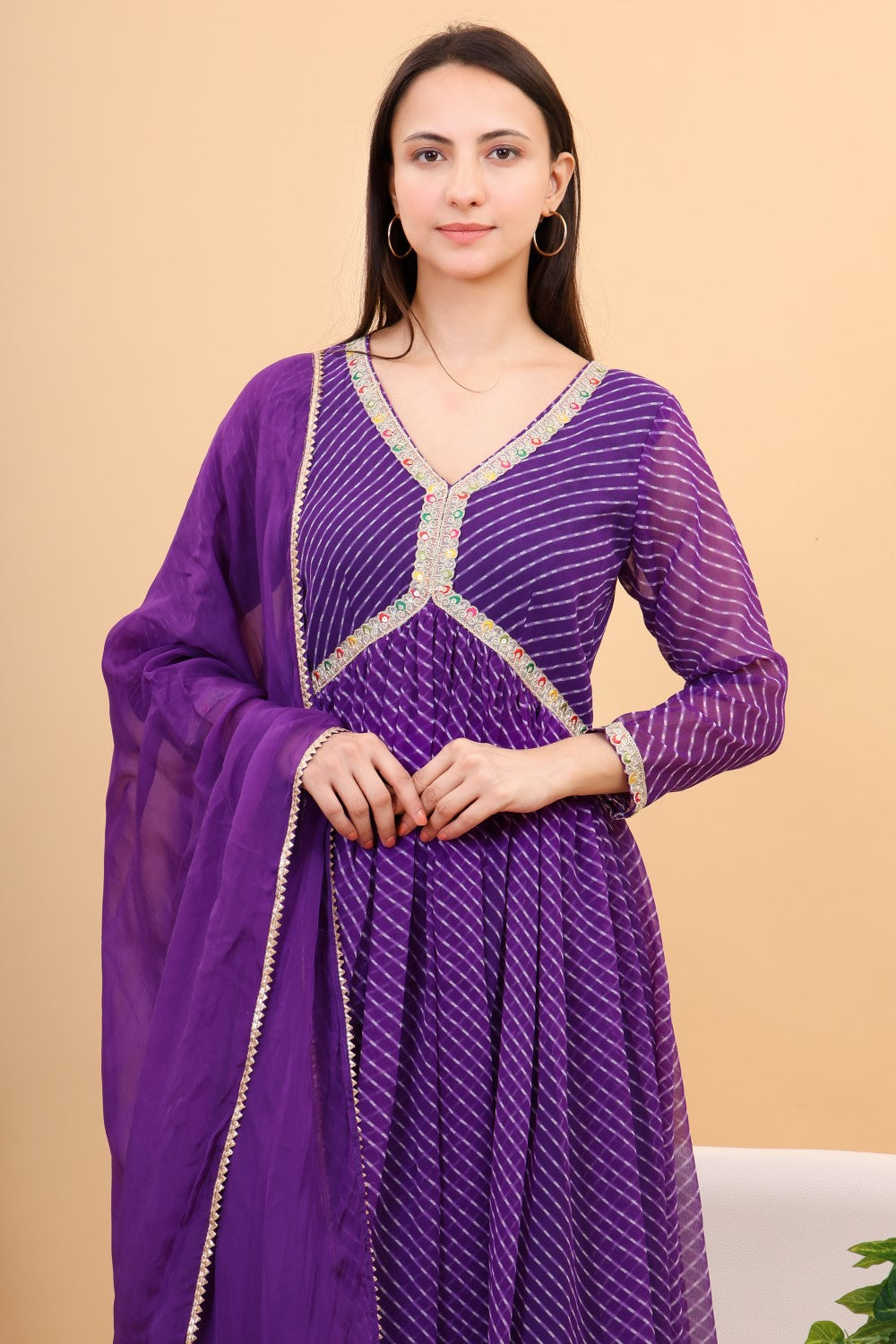 Georgette lehria anarkali set with organza dupatta