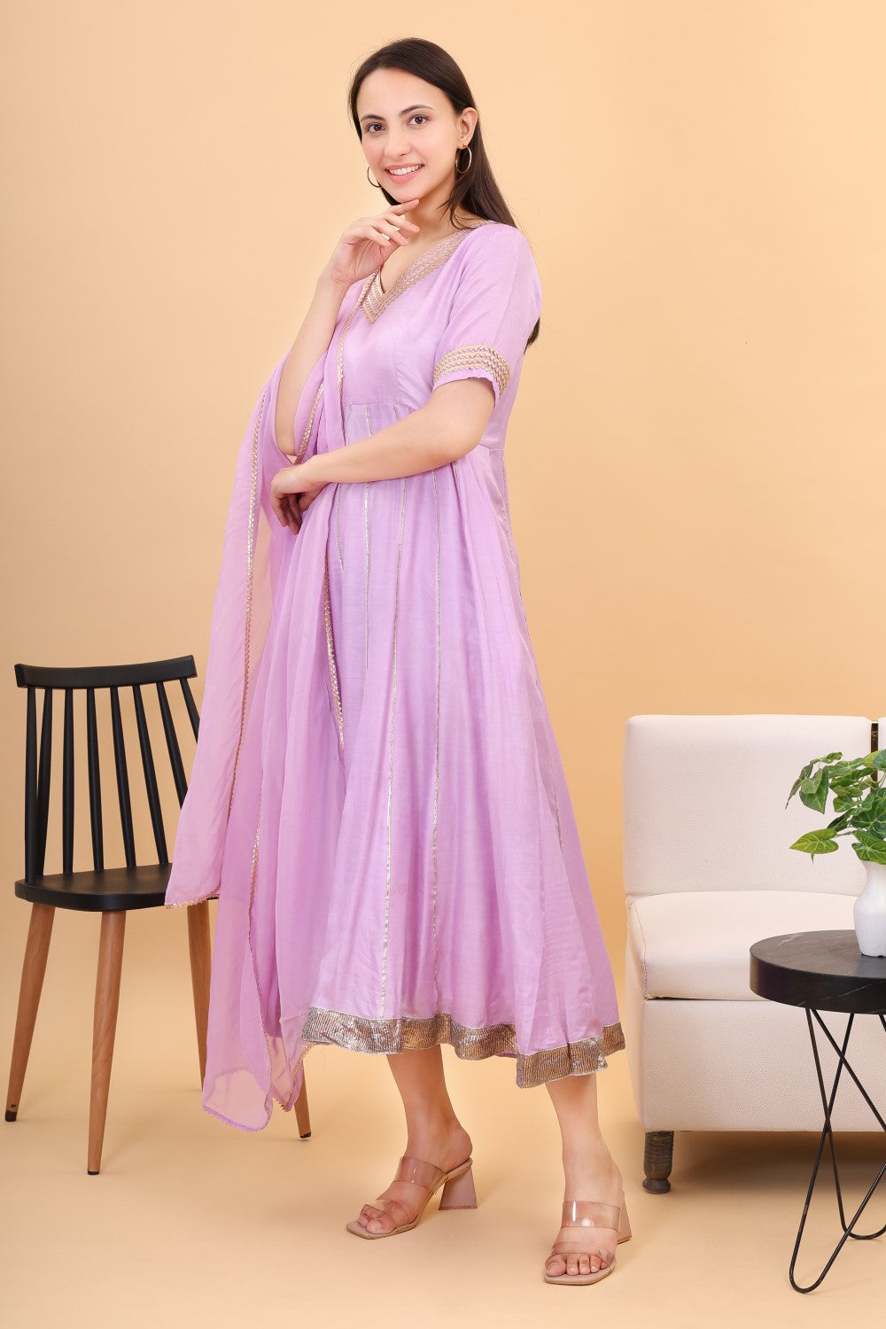 Muslin lilac anarkali set with organza dupatta