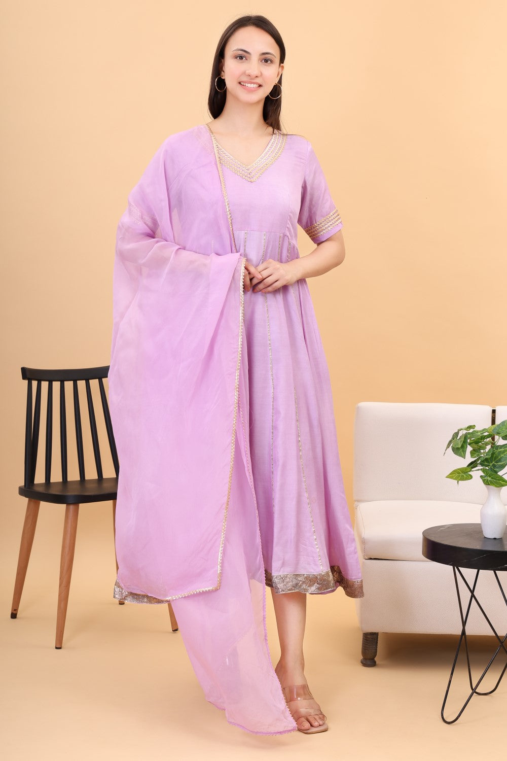 Muslin lilac anarkali set with organza dupatta
