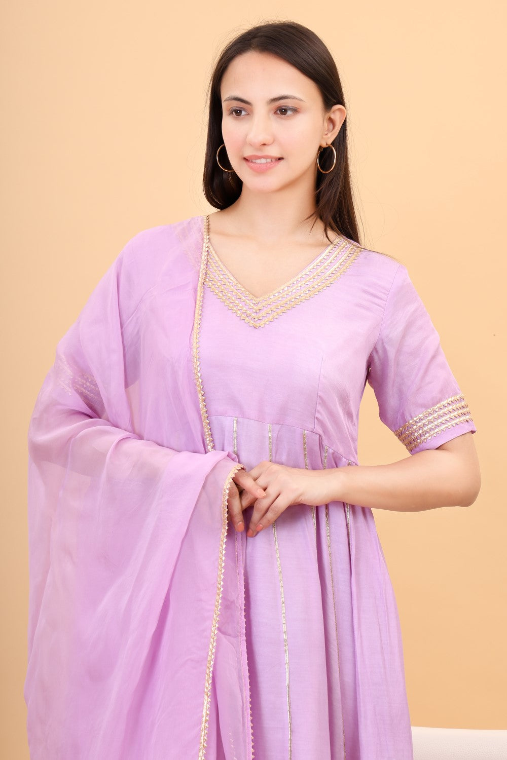 Muslin lilac anarkali set with organza dupatta