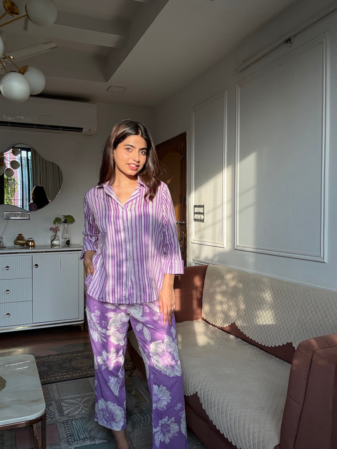 Purple Pure Cotton Printed 3 Pcs Co-ord Set