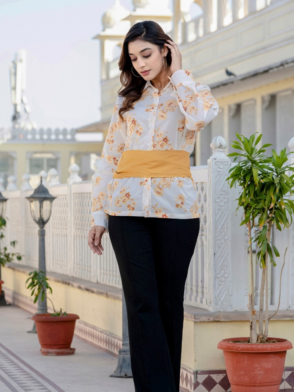 Mustard Cotton Floral Shirt With Bow