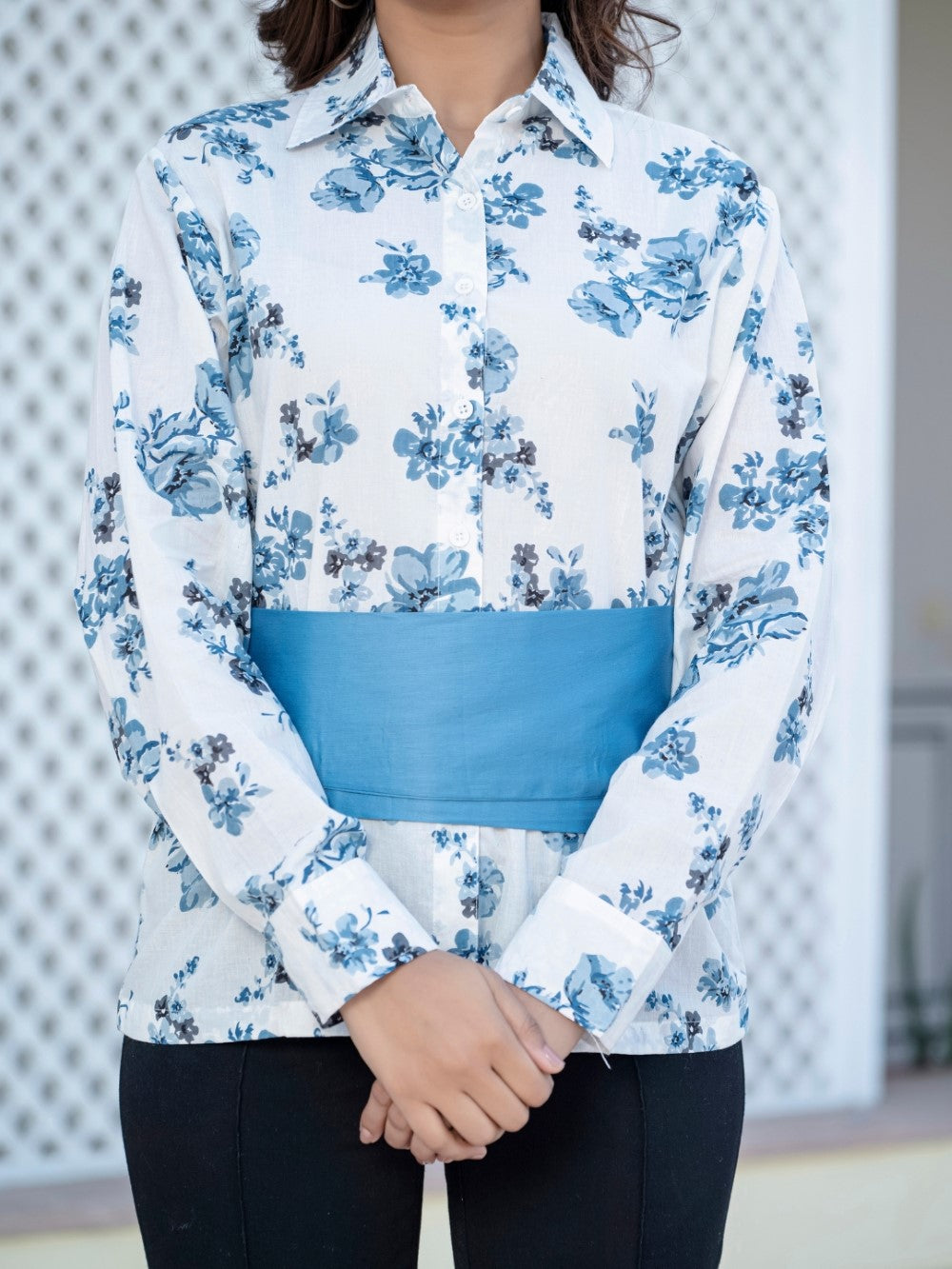 Dark Blue Cotton Floral Shirt With Bow