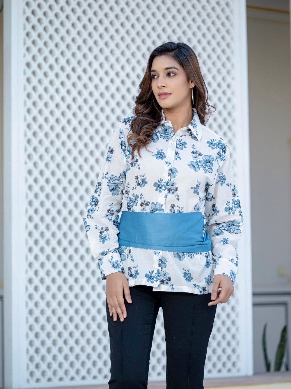 Dark Blue Cotton Floral Shirt With Bow