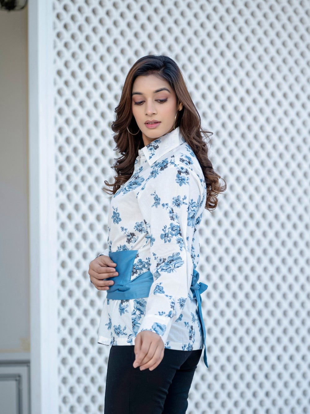 Dark Blue Cotton Floral Shirt With Bow
