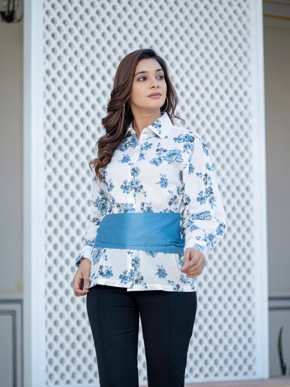 Dark Blue Cotton Floral Shirt With Bow