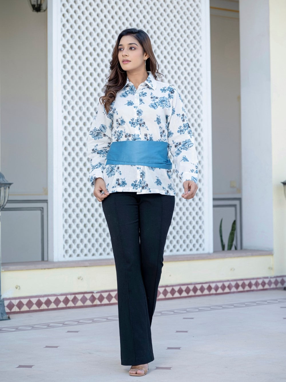 Dark Blue Cotton Floral Shirt With Bow