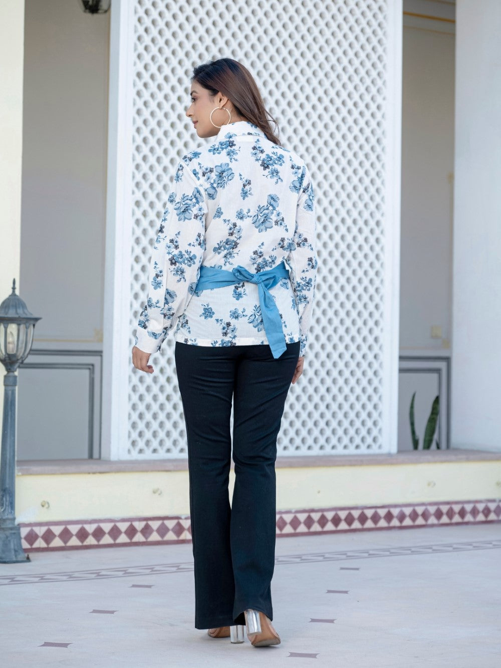 Dark Blue Cotton Floral Shirt With Bow