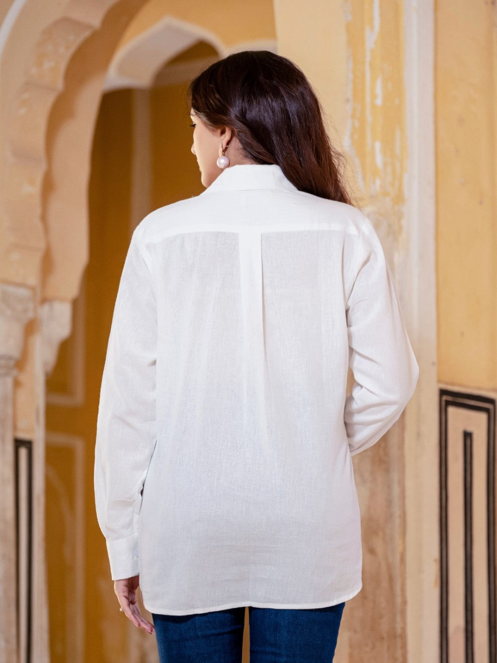 White Cotton Shirt With Grey Patch Detailing