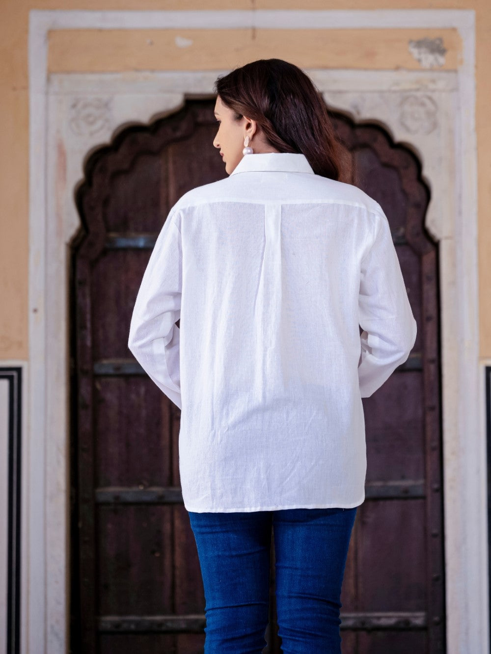 White Cotton Shirt With Pink Patch Detailing