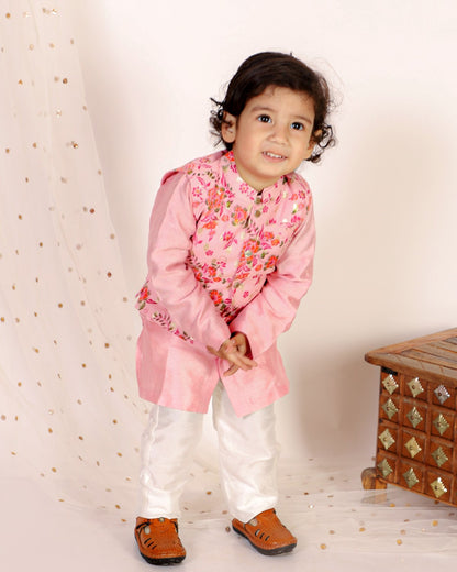 Pink Kurta Set With Floral Jacket