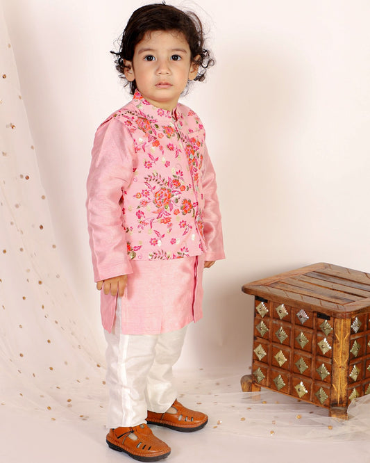 Pink Kurta Set With Floral Jacket