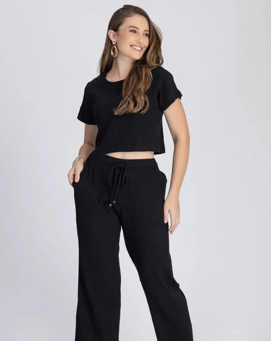 Crinkle Crepe Crep Top - Pant (Black)