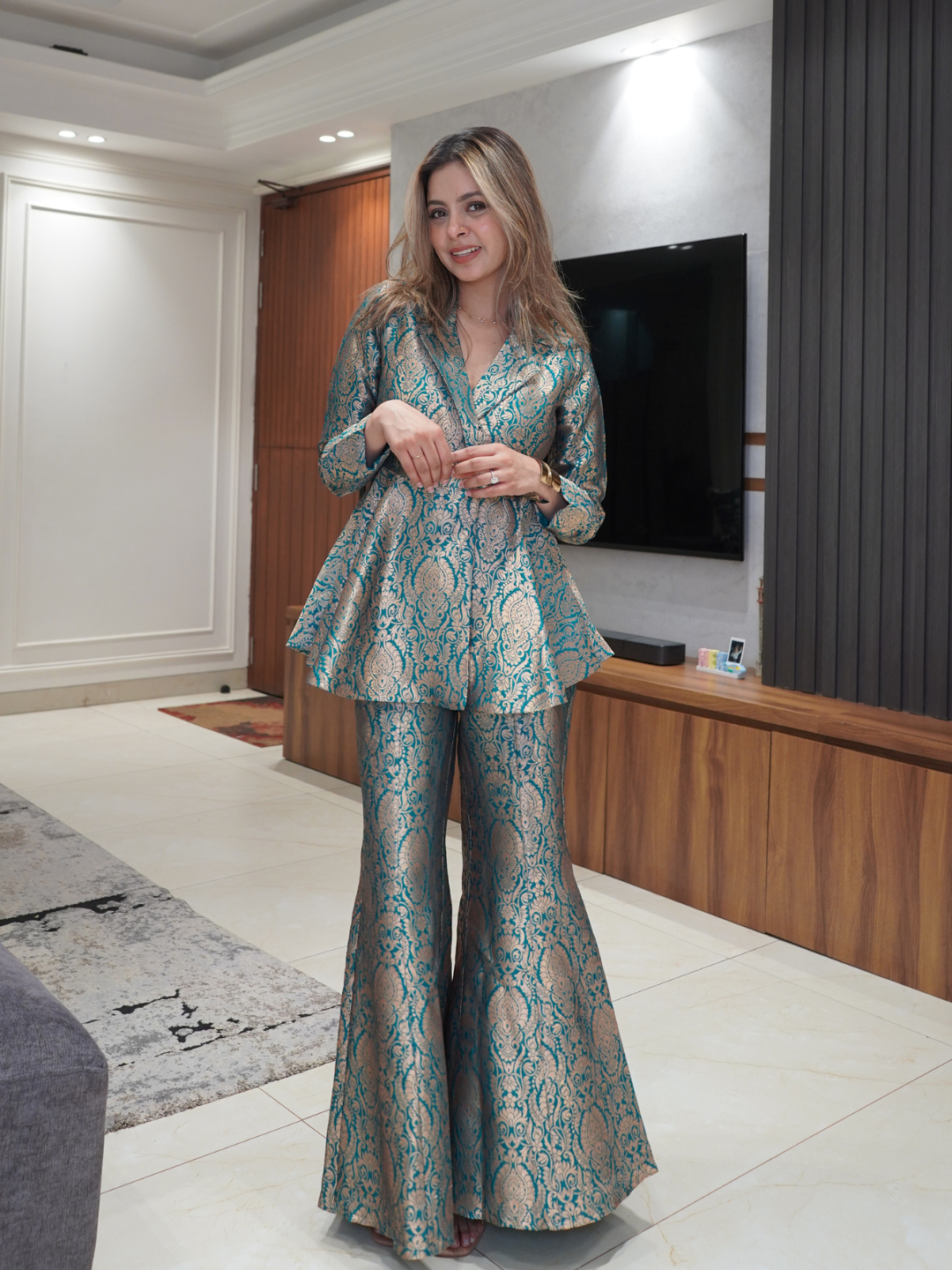 Golden Sage Peplum Top with Flared Pants