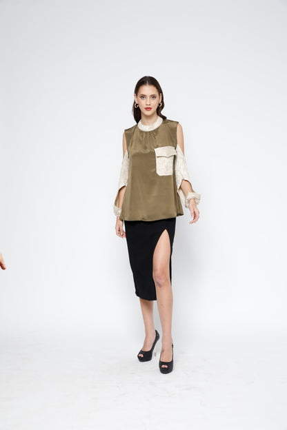 Two-Tone Cut-out Sleeves Top