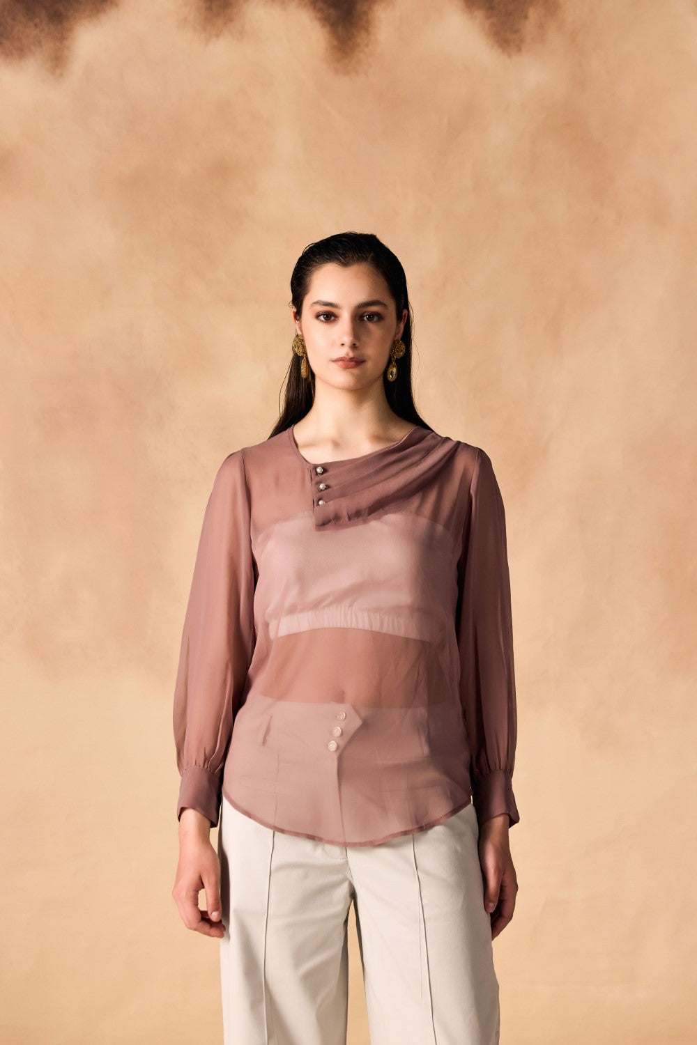Pleated Pearl Buttoned Yoke Georgette Top