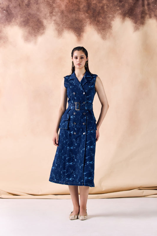 Double Breasted Belted Trench Midi Denim Dress