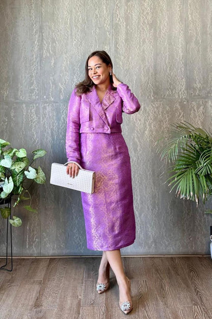 Lavender Brocade Pencil Skirt And Jacket