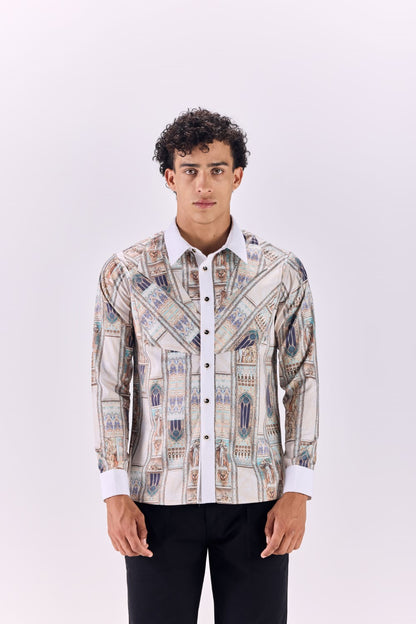 Contrast Collar Ancient Roman Print Button-Up Shirt