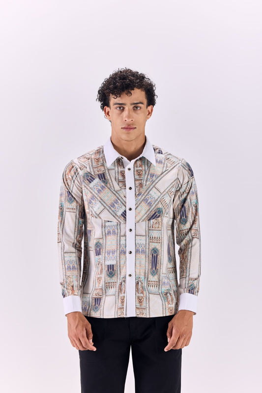 Contrast Collar Ancient Roman Print Button-Up Shirt